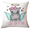 White square pillowcase with cute hippo illustration and I LOVE YOU A TON quote - Hippo and Pink Heart Style (CRD12-13) / Short Plush Single Side Without Core