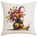 Detailed close-up of textured cotton linen pillow cover with floral gnome and snail print - Gnome Riding on Big Snail (DYM01-12)