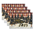 Set de 4 manteles individuales de lujo negro y dorado Año Nuevo 2025 con diseño de abetos - Lino impermeable / Estilo Abeto Rombo Rojo y Blanco (TCD01-4)