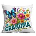 Close-up of floral embroidery texture and Grandma text on a white cushion cover - Grandma Blue Butterfly Embroidery Style (CDR05-13)