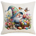 Spring floral gnome pillow cover with Easter eggs and white rabbit on linen cushion case - Flowers and Easter Rabbit Gnome (DYM01-9)
