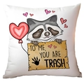 Square white pillowcase with a cartoon raccoon holding a heart balloon and text - Raccoon Humor Illustration Style (CRD12-14) / Short Plush Single Side Without Core