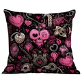 Gotischer Punk-Kissenbezug mit rosa Herz- und Totenkopf-Graffiti-Druck auf schwarzem Stoff - 45*45cm Kurzplüsch Einseitig Ohne Kissenkern / Cdr04-3