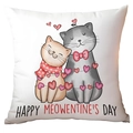 Square white Valentine pillow cover featuring cartoon cats and Meowentine's Day text - Double Cats Valentine Style (CRD12-21) / Short Plush Single Side Without Core