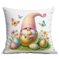 Detailed close-up of Easter pillow cover featuring a cute gnome and colorful spring eggs - Gnome Pink Yellow Stripe Style (CDR14-12)