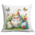 Detailed view of white Easter throw pillow with cartoon gnome and colorful egg print - Gnome Rainbow Polka Dot Style (CDR14-8)