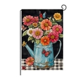 Drapeau de jardin de Pâques avec fleurs de zinnia dans un arrosoir sur fond en bois noir - Style Arrosoir Bleu Zinnias (HYQ13-1)