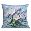 Square pillowcase featuring 3D floral pattern on light blue fabric with textured edges - Pink White Flower and Long Green Leaves (CDR15-7)