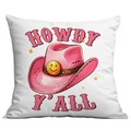 Detail view of pink watercolor cowboy hat and Howdy Y'all text on white pillow cover - 45x45cm Single Sided Printing / HOWDY Y'ALL Smiley Badge Cowboy Hat Illustration (CDR12-15)