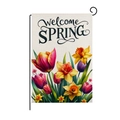Drapeau de jardin Pâques Welcome Spring avec tulipes colorées et support en métal noir - Style Bienvenue Printemps Tulipes Jonquilles (HYQ13-4)