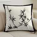 French cream style square throw pillow cover with black bamboo ink painting and piping - 45cmx45cm