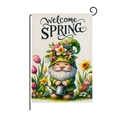 Easter garden flag with spring gnome holding watering can on a burlap texture - Floral Hat Gnome Watering Can Style (HYQ13-5)