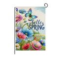 Spring garden flag with colorful wildflowers and butterfly on a black metal stand - Hello Spring Poppy Butterfly Style (HYQ13-6)