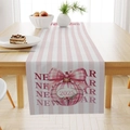 Chemin de table rayé rose et blanc Nouvel An 2025 avec nœud et motifs de fête - Zq101-2 / 33*183cm