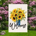 Detailed texture of linen garden flag featuring sunflowers in a blue vase with Welcome text - Sunflower Blue Vase Welcome Style (HYQ72-8)