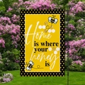 Garden flag hanging on metal stand featuring bees and honey text in a floral garden - Sweet Home Bee Style (HYQ72-9)