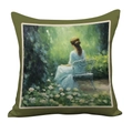 Olive green pillow case with impressionist art print featuring a woman in a garden - Double Sided Short Plush Without Insert