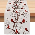Linen table runner with cardinal birds and tree branches on a creamy white base - Beige Cardinal Tree Style (ZQ42-7) / 33*183cm