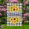 Detail of garden flag with buffalo plaid, sunflowers, and black Welcome lettering - Sunflower Plaid Welcome Style (HYQ72-5)