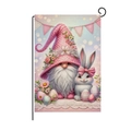 Easter garden flag featuring a cute gnome, white bunny and colorful spring floral motifs - Floral Hat Gnome Pink Bow Rabbit Style (HYQ13-10)