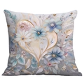 Detailed view of floral bird pillow cover with 3D heart and blue flowers pattern - Gold Edged Heart with Flowers (CDR16-21) / 18x18 Inch