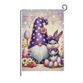 Easter garden flag featuring a purple gnome, grey bunny, and spring floral eggs - Purple Polka Dot Hat Gnome and Gray Rabbit Style (HYQ13-12)