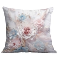 Detail of 3D digital floral print cushion cover with pink roses and feathers - Rose and Pearl Relief (CDR16-25) / 18x18 Inch