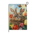 Easter garden flag featuring cute bunnies in a basket with tulips and spring butterflies - Hyq13-13