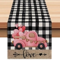 Valentine table runner with black white plaid, pink heart truck and love print - Black White Plaid Pink Truck LOVE Style (ZQ42-11) / 33*183cm