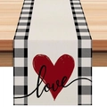 Buffalo plaid table runner with red heart and love script on rustic linen background - Beige Heart Black White Plaid Edge LOVE Style (ZQ42-12) / 33*183cm
