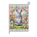 Easter garden flag featuring a cute gnome with bunny ears and colorful eggs on plaid - Blue Rabbit Ear Gnome Egg Checkerboard Style (HYQ13-14)