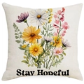 Funda de cojín floral de algodón y lino con el diseño de texto Stay Hopeful - Flores Silvestres Moradas Texto (DYM04-2) / 45cmx45cm