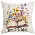 Funda de cojín de lino con libro de flores acuarela y texto Grow Your Mind - Libro Flores (DYM04-4) / 45cmx45cm