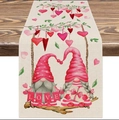 Linen table runner with gnome couple swing design and red hearts for Valentine's Day decor - Swing Gnome Couple LOVE Style (ZQ42-18) / 33*183cm