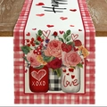Valentine Table Runner with red buffalo plaid, pink roses and Love heart pattern print - Rose Red White Plaid Edge XOXO Style (ZQ42-21) / 33*183cm