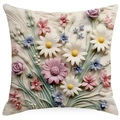 Blumiger Kissenbezug mit 3D-Prägung, Ölgemälde-Design mit Gänseblümchen- und Rosenmuster - Quadratisch (Ohne Kern) / Cremefarbenes Buntes Blumendesign (YMD10-3)