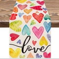 Colorful hearts and love print table runner displayed on a dark rustic wooden table - Colorful Hearts Handwritten love Style (ZQ42-23) / 33*183cm