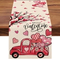Valentine's Day table runner with red truck and heart pattern on beige linen fabric - Red Truck HELLO Valentine Style (ZQ42-25) / 33*183cm