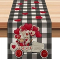 Gnome with red hearts and roses pattern on a black and white gingham table runner - Black White Plaid Rose Gnome LOVE Style (ZQ42-26) / 33*183cm