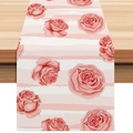 Romantic pink rose floral table runner with white and pink stripes on wood surface - Pink White Stripe Rose Style (ZQ42-31) / 33*183cm