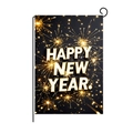 2025 Happy New Year garden flag with black gold firework design and metal stand - Gold Edged Art Word Fireworks Background Style (HYQ70-6)