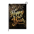 Black and gold Happy New Year garden flag with fireworks pattern and metal stand - Handwritten Gold Happy New Year Fireworks Style (HYQ70-7)