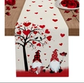 Valentine's Day table runner featuring Nordic gnomes and love heart tree on linen fabric - Heart Tree Gnome Couple LOVE Style (ZQ42-33) / 33*183cm