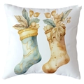 Square Christmas pillow case featuring watercolor hand-painted festive stockings print - 18x18 Inch / Vintage Christmas Sock Illustration (CRD514-6)