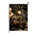 Vertical black and gold Happy New Year 2025 garden flag with festive pine and gold ornaments - Dark Pine Needle Gold Ball Light Spot Style (HYQ70-10)