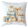 Square white Christmas pillow case featuring a blue and gold watercolor gift box pattern - 18x18 Inch / Light Blue Series Gift Box (CRD514-8)