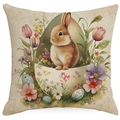 Detail of Easter bunny linen pillowcase showing watercolor rabbit, tulips, and eggs - Watercolor Rabbit in Eggshell (DYM03-23) / 45x45cm (No Insert)