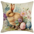 Detailed macro view of linen Easter cushion cover featuring watercolor rabbit and floral art - Vivid Brown Rabbit (DYM03-24) / 45x45cm (No Insert)