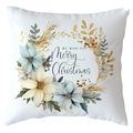 Square Christmas pillow case with blue floral wreath and Merry Christmas greeting - 18x18 Inch / Blue Flower Gold Ring Blessing (CRD514-9)
