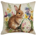 Close-up of Easter cushion cover fabric showing watercolor rabbit, eggs and floral pattern - Watercolor Rabbit and Exquisite Egg (DYM03-22) / 45x45cm (No Insert)